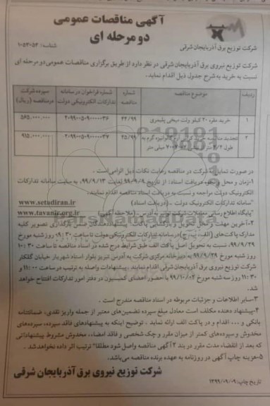 مناقصه ، مناقصه خرید مقره 20 کیلو ولت میخی پلیمری