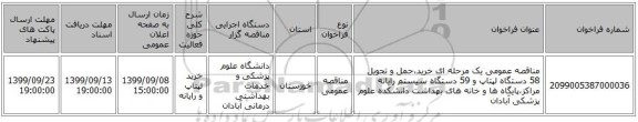 مناقصه عمومی یک مرحله ای خرید،حمل و تحویل 58 دستگاه لپتاپ و 59 دستگاه سیستم رایانه مراکز،پایگاه ها و خانه های بهداشت دانشکده علوم پزشکی آبادان
