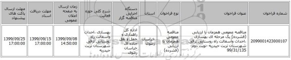 مناقصه عمومی همزمان با ارزیابی (فشرده) یک مرحله ای بهسازی ،احداث وآسفالت راه روستایی ترقی شهرستان تربت حیدریه -نوبت دوم-99/31/135