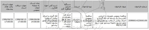 مناقصه عمومی همزمان با ارزیابی (فشرده) یک مرحله ای لکه گیری  و اجرای روکش آسفالت پودرلاستیکی محور مشهد-باغچه-نیشابور نوبت سوم 99/31/138