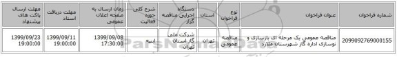 مناقصه عمومی یک مرحله ای بازسازی و نوسازی اداره گاز شهرستان ملارد 