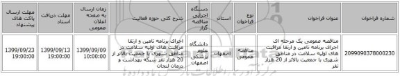 مناقصه عمومی یک مرحله ای اجرای برنامه تامین و ارتقا مراقبت های اولیه سلامت در مناطق شهری با جمعیت بالاتر از 20 هزار نفر 