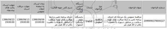 مناقصه عمومی یک مرحله ای اجرای برنامه تامین و ارتقا مراقبت های اولیه سلامت در مناطق شهری با جمعیت بالاتر از 20 هزار نفر 