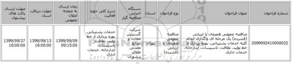 مناقصه عمومی همزمان با ارزیابی (فشرده) یک مرحله ای واگذاری انجام کلیه خدمات پشتیبانی، بهره برداری از خط تولید، نظافت، تاسیسات، آبدارخانه، خدمات اداری