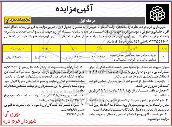 مزایده،مزایده فروش یک فقره از املاک مازاد نوبت دوم مرحله اول