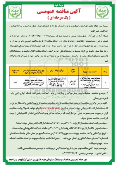 مناقصه عمومی , مناقصه عملیات تهیه، حمل، بارگیری و باراندازی لوله، اتصالات و شیرآلات شبکه آبیاری - نوبت دوم 