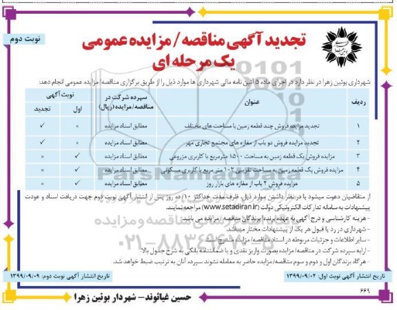مزایده،مزایده فروش چند قطعه زمین و دوباب مغازه نوبت دوم