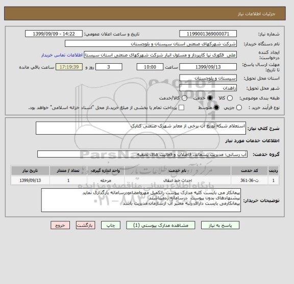استعلام استعلام شبکه توزیع آب برخی از معابر شهرک صنعتی کنارک