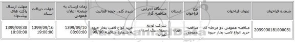 مناقصه عمومی دو مرحله ای خرید انواع لامپ بخار جیوه 