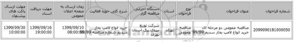 مناقصه عمومی دو مرحله ای خرید انواع لامپ بخار سدیم 99/89