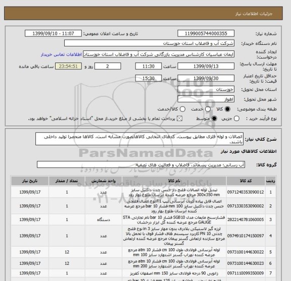 استعلام اتصالات و لوله فلزی مطابق پیوست. کدهای انتخابی کالاهابصورت مشابه است. کالاها منحصرا تولید داخلی باشند.