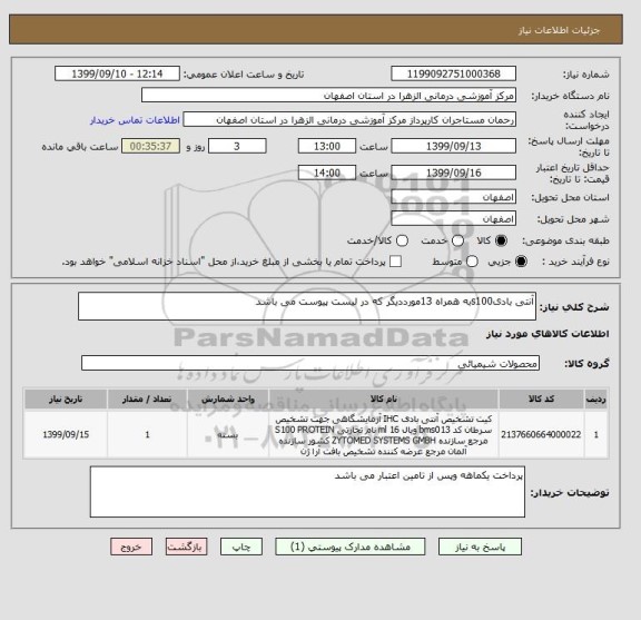 استعلام آنتی بادیs100به همراه 13مورددیگر که در لیست پیوست می باشد