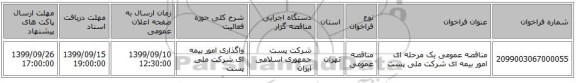 مناقصه عمومی یک مرحله ای امور بیمه ای شرکت ملی  پست 