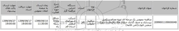 مناقصه عمومی یک مرحله ای تهیه مصالح و تکمیل زیرسازی و جدول گذاری خیابان های باقیمانده شهرک صنعتی قنوات(ثامن الائمه)