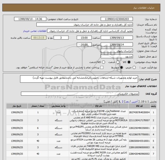 استعلام خرید لوازم وتجهیزات شبکه ارتباطات رادیویی(ایرانکدمشابه می باشدمطابق فایل پیوست تهیه گردد)