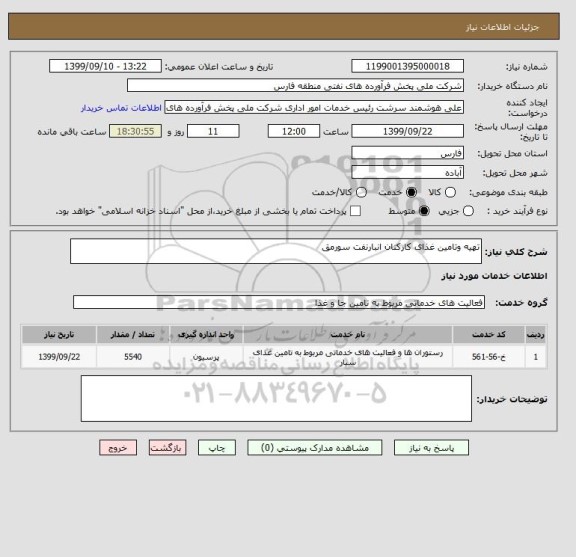 استعلام تهیه وتامین غذای کارکنان انبارنفت سورمق