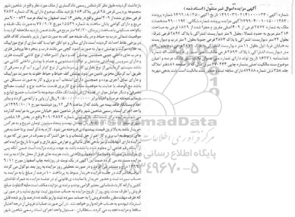 مزایده مزایده ملک شماره 2872 فرعی از 409 اصلی