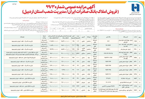 مزایده   مزایده فروش املاک کاربری مسکونی و تجاری و دامداری شماره 99/3 نوبت دوم 