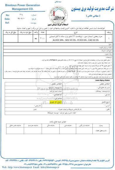 استعلام, استعلام جرم ریختنی (سیمان نسوز، ایرفکست 22) 