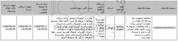 مناقصه عمومی یک مرحله ای نظارت بر عملیات اجرایی پیاده سازی مطالعات مربوط به تثبیت کانون های بحرانی گرد و غبار با منشاء داخلی در استان خوزستان
