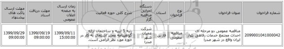 مناقصه عمومی دو مرحله ای احداث مجتمع خدمات رفاهی بلوار ایران واقع در شهر صدرا 