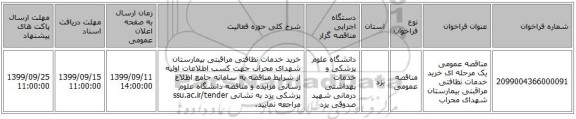 مناقصه عمومی یک مرحله ای خرید خدمات نظافتی مراقبتی بیمارستان شهدای محراب
