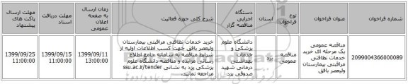 مناقصه عمومی یک مرحله ای خرید خدمات نظافتی مراقبتی بیمارستان ولیعصر بافق