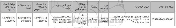 مناقصه عمومی دو مرحله ای 99/04، ساخت اکسپنشن های پارچه ای کانال های بویلر واحد 2