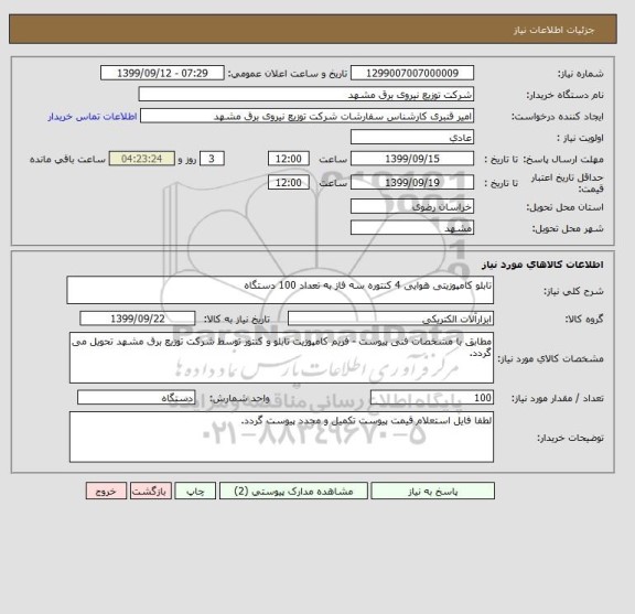 استعلام تابلو کامپوزیتی هوایی 4 کنتوره سه فاز به تعداد 100 دستگاه