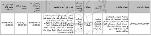 مناقصه عمومی همزمان با ارزیابی (فشرده) یک مرحله ای انتخاب پیمانکارجهت انجام خدمات شماره بـرداری کنتور و وصول مطالبات مشترکین آمپری درمحدوده سایر مناطق مشهد