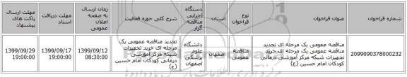 مناقصه عمومی یک مرحله ای تجدید مناقصه عمومی یک مرحله ای خرید تجهیزات شبکه مرکز آموزشی درمانی کودکان امام حسین (ع)