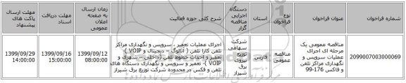 مناقصه عمومی یک مرحله ای اجرای عملیات سرویس و نگهداری مراکز تلفن و فاکس 176-99