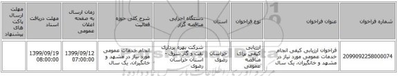 فراخوان ارزیابی کیفی انجام خدمات عمومی مورد نیاز در مشهد و خانگیران، یک سال