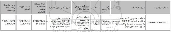 مناقصه عمومی یک مرحله ای مناقصه شماره 998138 ( توسعه واحد پساب شرکت پالایش گاز شهید هاشمی نژاد)