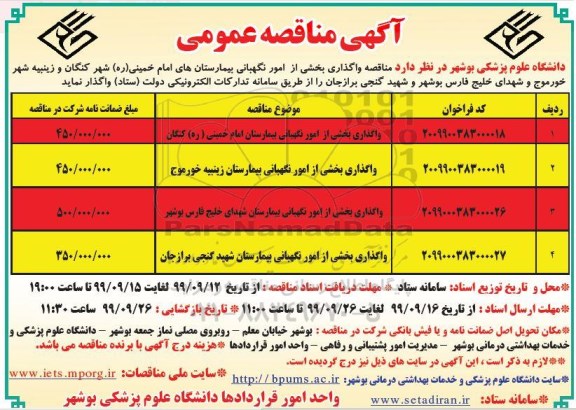 مناقصه واگذاری بخشی از امور نگهبانی بیمارستان امام خمینی