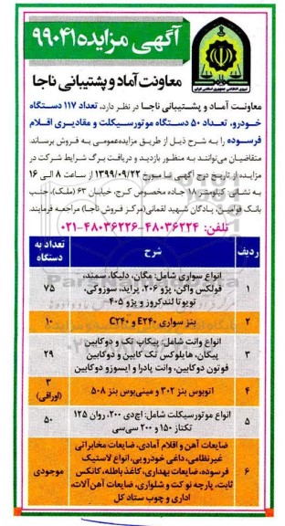 مزایده, مزایده تعداد 117 دستگاه خودرو، تعداد 50 دستگاه موتورسیکلت و مقادیری اقلام فرسوده 