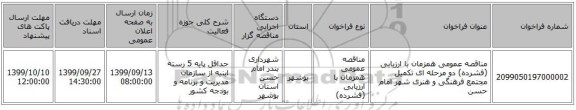 مناقصه عمومی همزمان با ارزیابی (فشرده) دو مرحله ای تکمیل مجتمع فرهنگی و هنری شهر امام حسن 