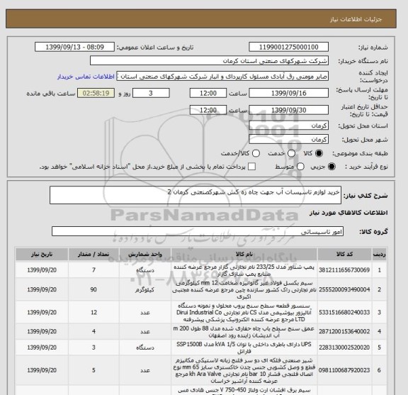 استعلام خرید لوازم تاسیسات آب جهت چاه زه کش شهرکصنعتی کرمان 2