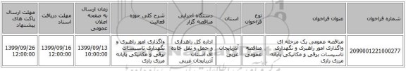 مناقصه عمومی یک مرحله ای واگذاری امور راهبری و نگهداری تاسیسات برقی و مکانیکی پایانه مرزی رازی
