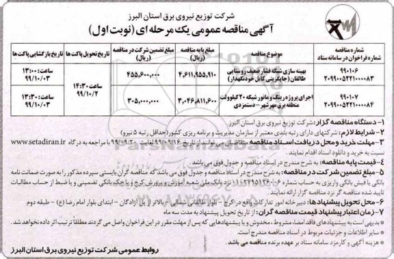 مناقصه بهینه سازی شبکه فشار ضعیف روستایی  و...