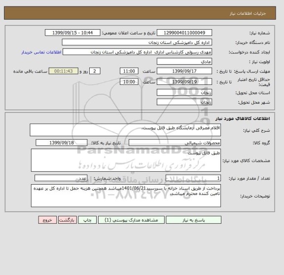 استعلام اقلام مصرفی آزمایشگاه طبق فایل پیوست.