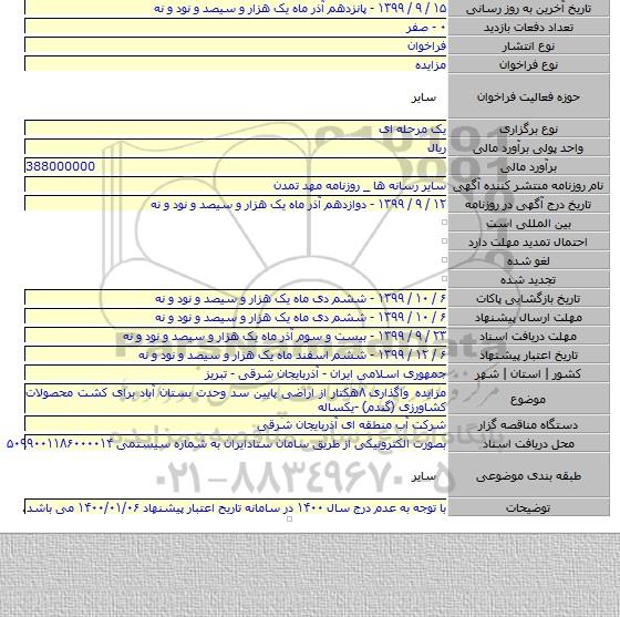 مزایده واگذاری ۸هکتار از اراضی پایین سد وحدت بستان آباد برای کشت محصولات کشاورزی (گندم) -یکساله