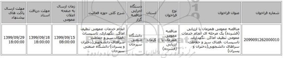 مناقصه عمومی همزمان با ارزیابی (فشرده) یک مرحله ای انجام خدمات عمومی تنظیف اماکن ،نگهداری، تاسیسات ،فضای سبز و حفاظت سراهای دانشجویی(دختران و پسران)  