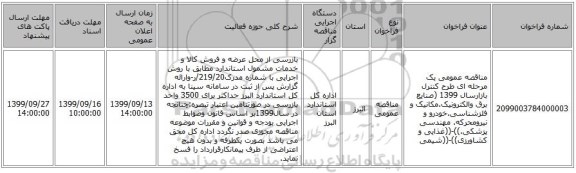 مناقصه عمومی یک مرحله ای طرح کنترل بازارسال 1399 (صنایع برق والکترونیک.مکانیک و فلزشناسی.خودرو و نیرومحرکه. مهندسی پزشکی.))-((غذایی و کشاورزی))-((شیمی