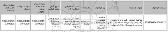 مناقصه عمومی همزمان با ارزیابی (فشرده) یک مرحله ای احداث سالن ورزشی شهرستان زهک (شماره 1)