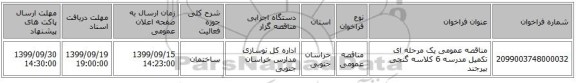 مناقصه عمومی یک مرحله ای تکمیل مدرسه 6 کلاسه گنجی بیرجند   