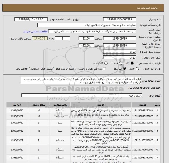استعلام لوازم آشپزخانه شامل:آبسرد کن دوکاره ،یخچال 12فوتی ،گرمکن غذا(برقی)،ماکروفر،سماوربرقی ده وبیست لیتری،پنکه  دیواری وپایه دار  به شرح  وتعدادقیق پیوست