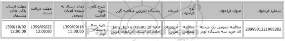 مناقصه عمومی یک مرحله ای خرید سه دستگاه لودر