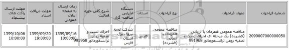 مناقصه عمومی همزمان با ارزیابی (فشرده) یک مرحله ای اجرای تست و تصفیه روغن ترانسفورماتور 991968