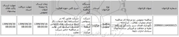 مناقصه عمومی دو مرحله ای مناقصه انجام عملیات نظافت ، آبدارخانه ، نگهداری فضای سبز ،رانندگی وسائط نقلیه و حفاظت و فیزیکی ساختمانهای ستادی ادارات تابعه 